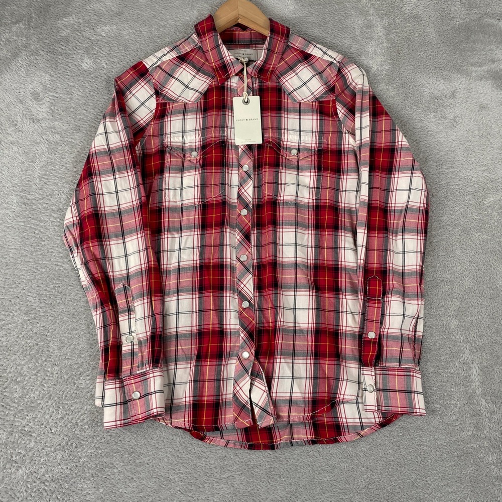 Lucky Brand Western Shirt Womens Small Red Plaid Pearl Snap Cowgirl Boho Top